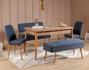Rozkládací jídelní stůl se 2 židlemi a 2 lavicemi Vlasta (borovice antlantic + tmavě modrá). 1073073