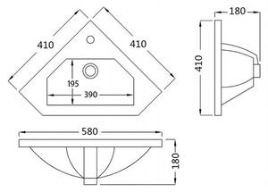 AQUALINE - Keramické umyvadlo rohové 41x18x41cm, nábytkové (1601-40)