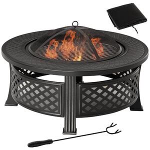 Outsunny Ohniště s Pokerem a Ochrannou Mřížkou, Hnědá Ohnivá Stůl pro Zahradu, Kempování a BBQ, Ocelová Černá 81 x 81 x 50 cm | Aosom