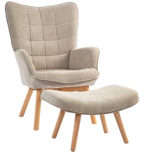 Křeslo HOMCOM s otomanem, vysoké křeslo s opěrkou, dřevěné nohy, lounge křeslo s prošívaným designem, vzhled sametu, pro obývací pokoj, světle hnědé |