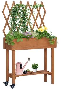 Vyvýšený záhon s treláží Outsunny, květinový box se policí, květináč na kolečkách, zahradní box pro terasu, balkon, masivní dřevo, hnědý, 79 x 29 x 13