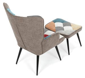 Luxusní relaxační křeslo NUVOLA s taburetem – vodoodpudivá, sametová, patchwork látka