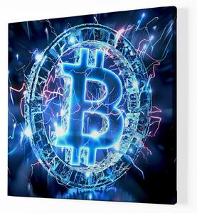 Obraz na plátně - Bitcoin, modré zářící logo FeelHappy.cz Velikost obrazu: 40 x 40 cm