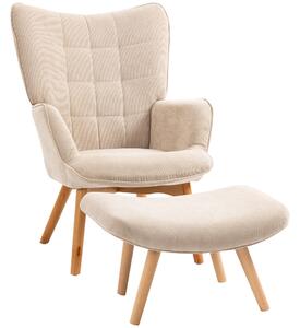 HOMCOM Křeslo s Otomanem, Křeslo s Vysokým Opěradlem, Dřevěné Nohy, Lounge Křeslo s Prošívaným Designem, Velurový Vzhled, pro Obývací Pokoj, Béžové |