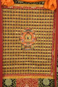 Tanka, 365 Buddhů, modrý brokát, 87x133cm