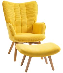 HOMCOM Křeslo s podnožkou, Křeslo s vysokým opěradlem, Dřevo nohy, Relaxační křeslo s prošívaným designem, Vzhled kordu, pro obývací pokoj, Žlutá | Ao