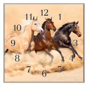 Nástěnné hodiny 30x30cm tři koně v prachu - plexi