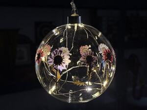 Závěsná lampička – skleněná koule 12 cm se sušenými květy a LED vláknem, časovač 8 h (80 cm)