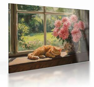 Skleněný obraz - Kočka na okně (70x50 cm)