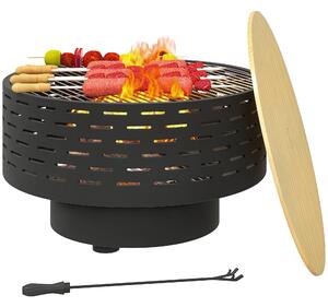 Outsunny 3v1 ohniště Ø60 x 39cm z nerezové oceli s grilovací mřížkou, pohrabáčem a jiskřicí pro zahradní, balkonovou terasu a venkovní BBQ kempování |
