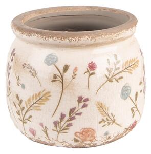 Béžový keramický obal na květináč s odřením a kresbou rostlin Floral Cartoon – 12x9 cm