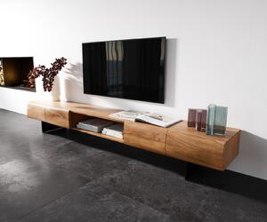 DELIFE TV stolek New Live-Edge 240 cm akácie přírodní 4 dvířka 1 přihrádka závěsná kov černá