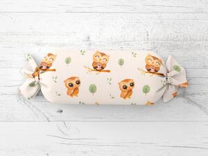 Biante Dětský polštář válec bonbon Sandra SA-616 Sovičky na větvích na bílém 15x40 cm
