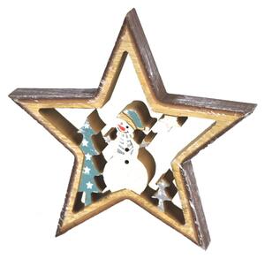 Hvězda dřevěná se sněhulákem 15 cm