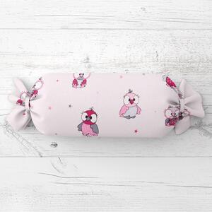 Biante Dětský polštář válec bonbon Sandra SA-726 Růžové sovičky na bledě růžovém 15x40 cm