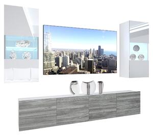 Obývací stěna Belini Premium Full Version bílý lesk / šedý antracit Glamour Wood + LED osvětlení Nexum 101