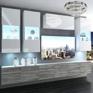 Obývací stěna Belini Premium Full Version bílý lesk / šedý antracit Glamour Wood + LED osvětlení Nexum 76