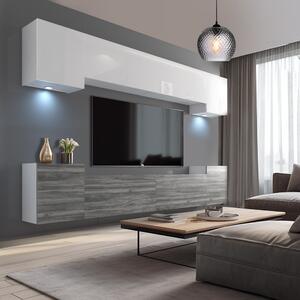 Obývací stěna Belini Premium Full Version bílý lesk / šedý antracit Glamour Wood + LED osvětlení Nexum 58