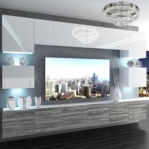 Obývací stěna Belini Premium Full Version bílý lesk / šedý antracit Glamour Wood+ LED osvětlení Nexum 40