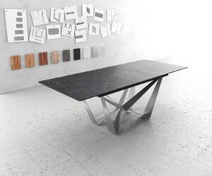 DELIFE Jídelní stůl Edge 180-220x90cm keramika Laminam®Nero Greco antracitová středová podnož plochá ocel stříbrná rozkládací