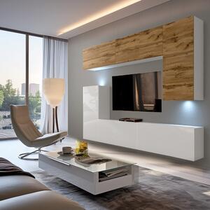 Obývací stěna Belini Premium Full Version dub wotan / bílý lesk + LED osvětlení Nexum 131