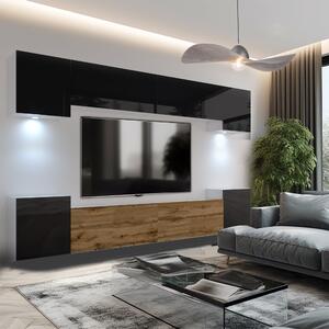 Obývací stěna Belini Premium Full Version černý lesk / dub wotan + LED osvětlení Nexum 70