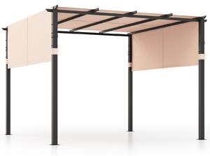 Pergola COSTWAY se 2 nastavitelnými střechami, 3,05x3,05 m, pavilon vodotěsný, stabilní, odolný proti zimě, zahradní pavilon s robustními kovovými sloupky Béžová barva