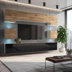 Obývací stěna Belini Premium Full Version dub wotan / černý lesk + LED osvětlení Nexum 48