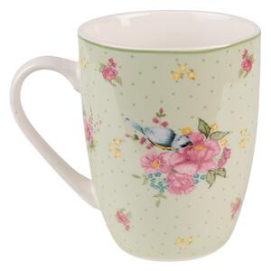 Zelený porcelánový hrnek s květy a ptáčkem Cheerful Birdie – 300 ml