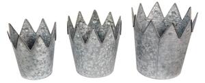 3ks zinkový antik plechový obal na květináč s korunkou – 29x27 / 25x24 / 21x20 cm