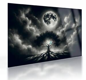 Skleněný obraz - Černobílý strom v úplňku (70x50 cm)