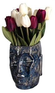 Modrý keramický obal na květináč/ váza s obličejem Blue Dotty M – 13x15x17 cm