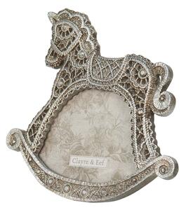 Stříbrný antik fotorámeček na postavení ve tvaru houpacího koníka – 10x6 cm