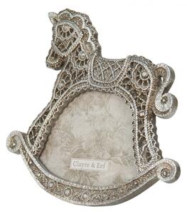 Stříbrný antik fotorámeček na postavení ve tvaru houpacího koníka – 10x6 cm