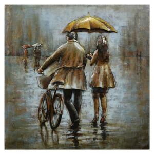 Kovový nástěnný obraz Dvojice v dešti – 100x5x100 cm