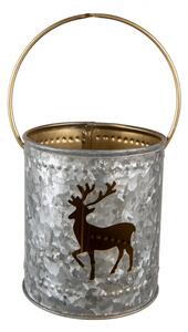 Šedý plechový svícen na čajovou svíčku s jelenem a držadlem – 9x10 cm