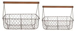 Hnědé antik drátěné košíky s dřevěnou rukojetí – 36x17x12/27 / 32x15x10/22 cm