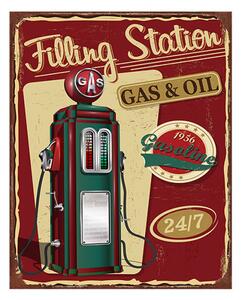 Červená nástěnná kovová cedule Station Gas &amp; Oil – 20x1x25 cm
