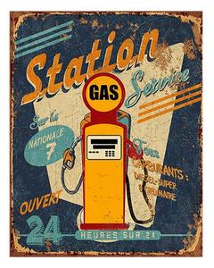 Modrá nástěnná cedule Station Gas – 25x1x33 cm