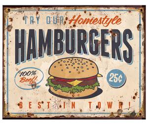Béžová antik nástěnná kovová cedule Hamburgers – 25x1x20 cm