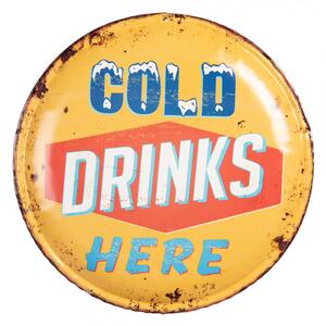 Žlutá nástěnná kovová kulatá cedule na zeď Cold drinks Here – 35x2 cm