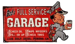 Červená kovová nástěnná cedule Bob´s Garage – 50x1x30 cm
