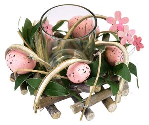 Svícen z ratanu s vajíčky a kytičkami, růžový, 16 cm