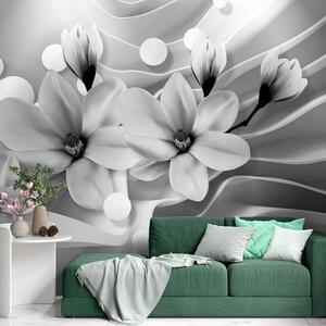Tapeta černobílá magnolie na abstraktním pozadí