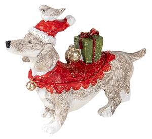 Dekorativní soška psa s dárky a čepicí – 9x3x8 cm