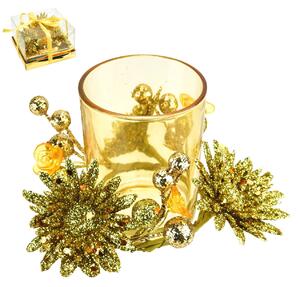 Svícínek s květinou v dárkovém balení, zlatý, 7x11 cm