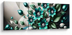 Obraz - 3D tyrkysové květy (s hodinami) (90x30 cm)