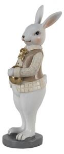 Dekorace králík v béžové košili držící zlaté vajíčko – 5x5x15 cm