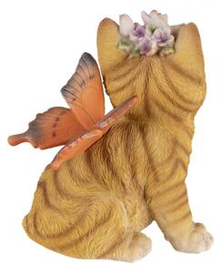 Dekorativní soška kočičky s motýlkem a květinou – 12x10x15 cm
