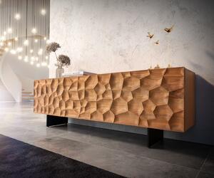 DELIFE TV stolek Solu 175 cm akácie přírodní 2 dvířka 2 zásuvky závěsná kovová podnož černá 3D přední panel